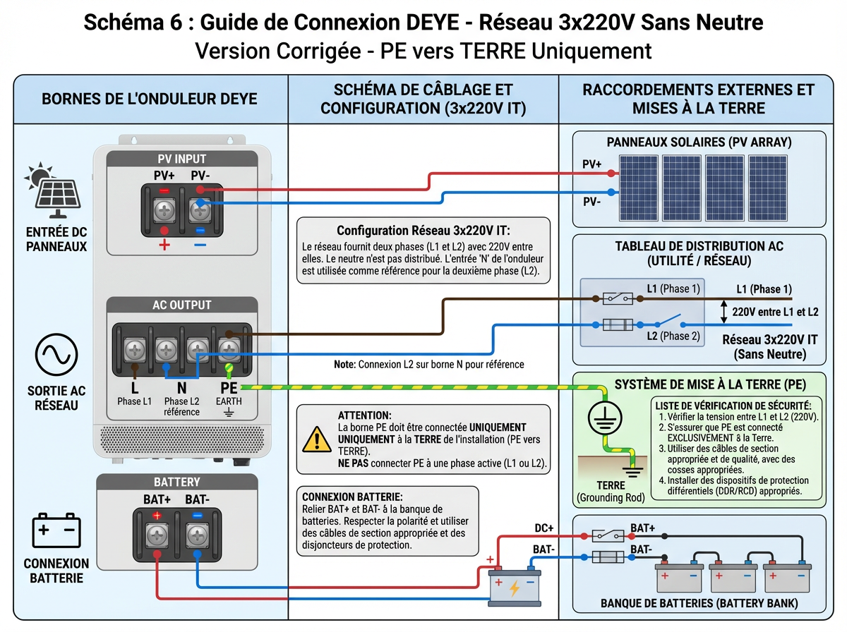 Guide connexion terminaux DEYE pour réseau 3x220V IT sans neutre avec codes couleur IEC